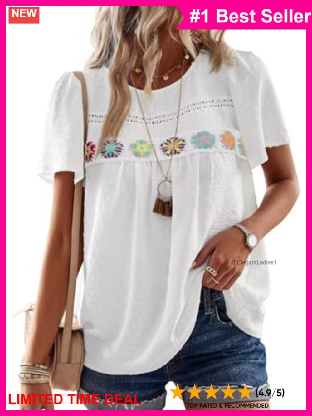 Boho Floral Embroidered Short Sleeve Peasant Blouse Lace Hem